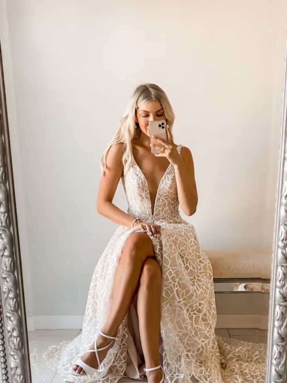 Galina Signature Geometric Sequin Illusion Plunge Wedding Dress Size 4